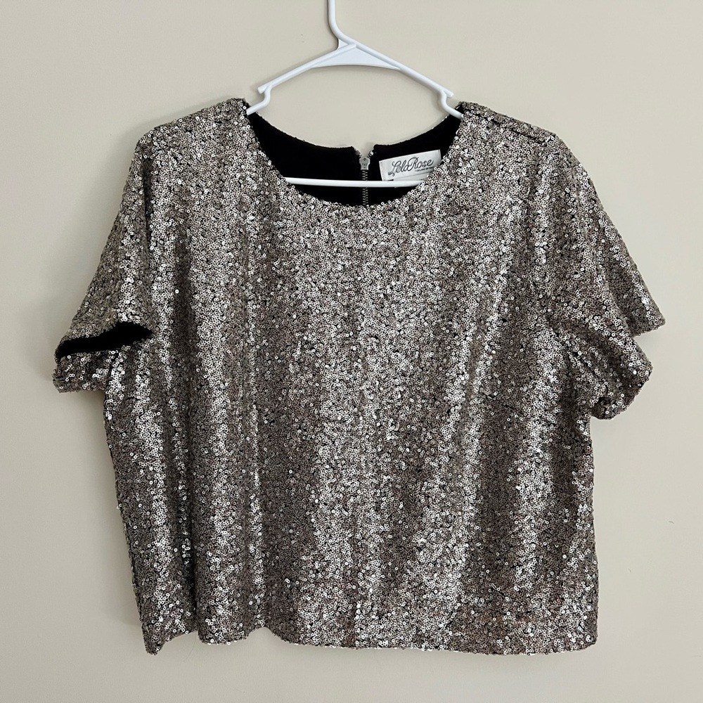 Lela Rose Silver Sequin Boxy Crop Blouse